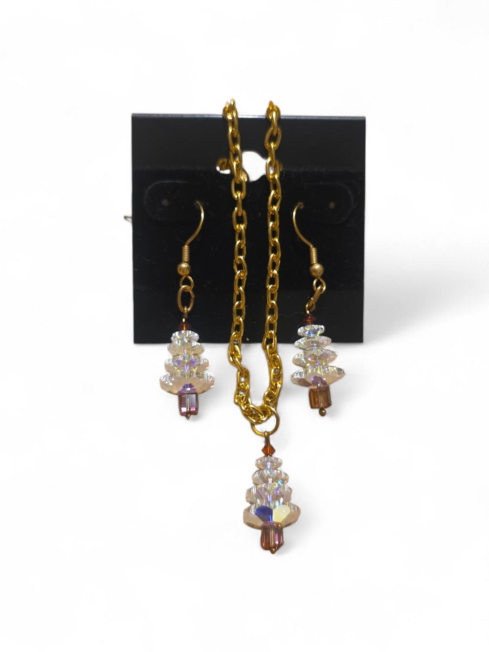 Crystal Drop Pendant Necklace & Earrings Set - Gold Chain